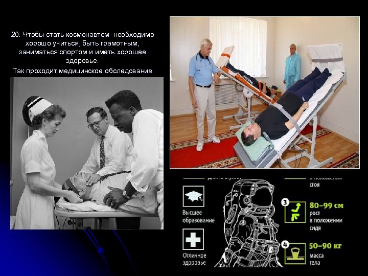 20. Чтобы стать космонавтом необходимо хорошо учиться, быть грамотным, заниматься спортом и иметь хорошее