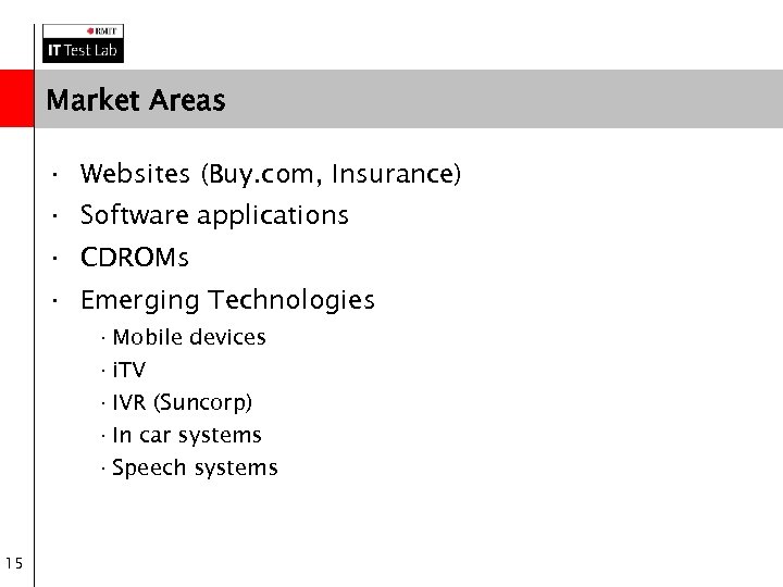 Market Areas · Websites (Buy. com, Insurance) · Software applications · CDROMs · Emerging