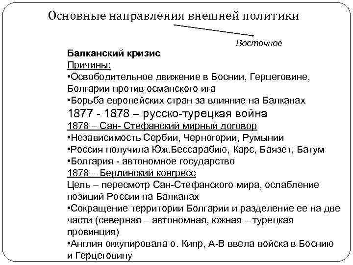 Основные направления внешней политики Восточное Балканский кризис Причины: • Освободительное движение в Боснии, Герцеговине,