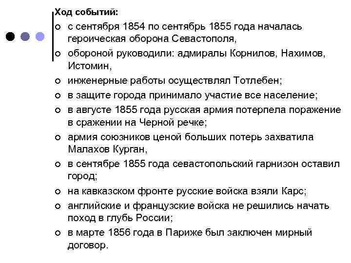 Ход событий: ¢ ¢ ¢ ¢ ¢ с сентября 1854 по сентябрь 1855 года