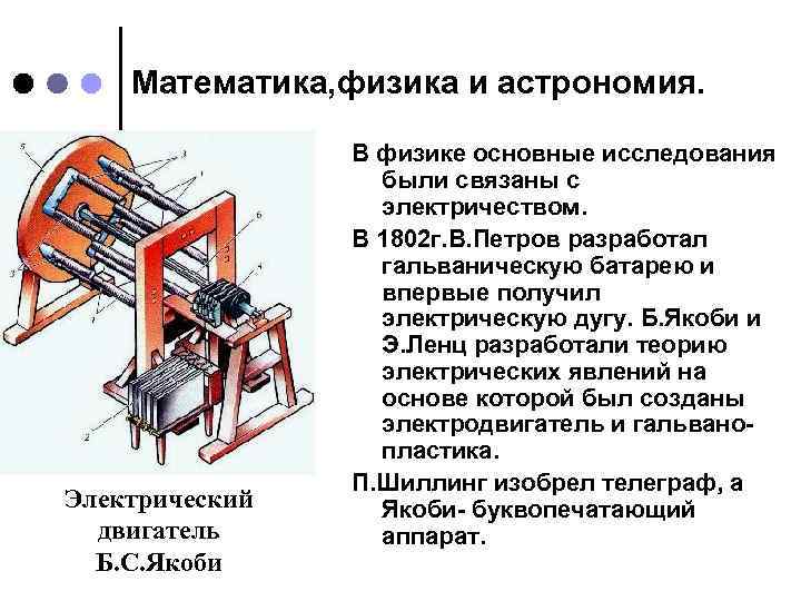 Математика, физика и астрономия. Электрический двигатель Б. С. Якоби В физике основные исследования были