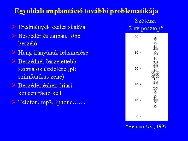 Egyoldali implantáció további problematikája Ø Eredmények széles skálája Ø Beszédértés zajban, több beszélő Ø