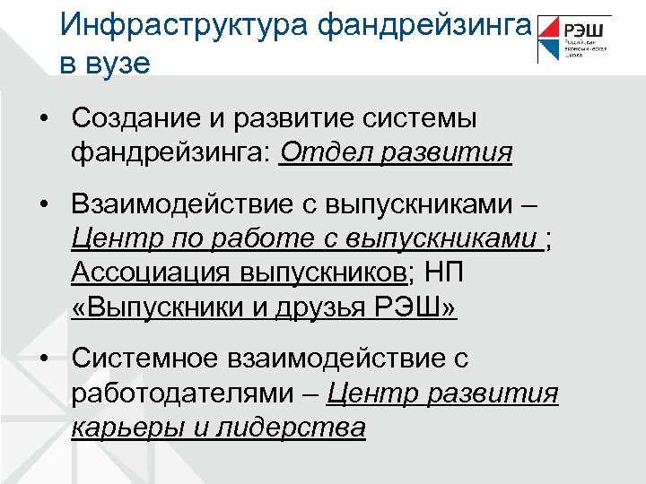 Инфраструктура фандрейзинга в вузе • Создание и развитие системы фандрейзинга: Отдел развития • Взаимодействие
