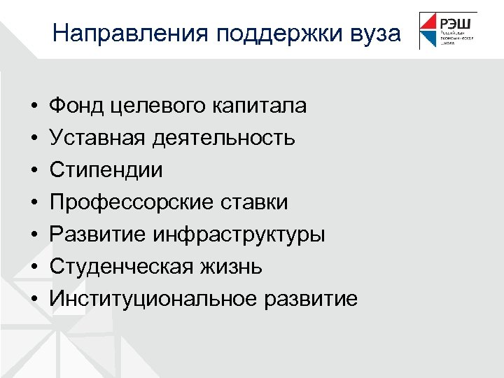 Направления поддержки вуза • • Фонд целевого капитала Уставная деятельность Стипендии Профессорские ставки Развитие