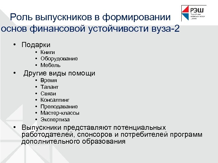 Роль выпускников в формировании основ финансовой устойчивости вуза-2 • Подарки • Книги • Оборудование