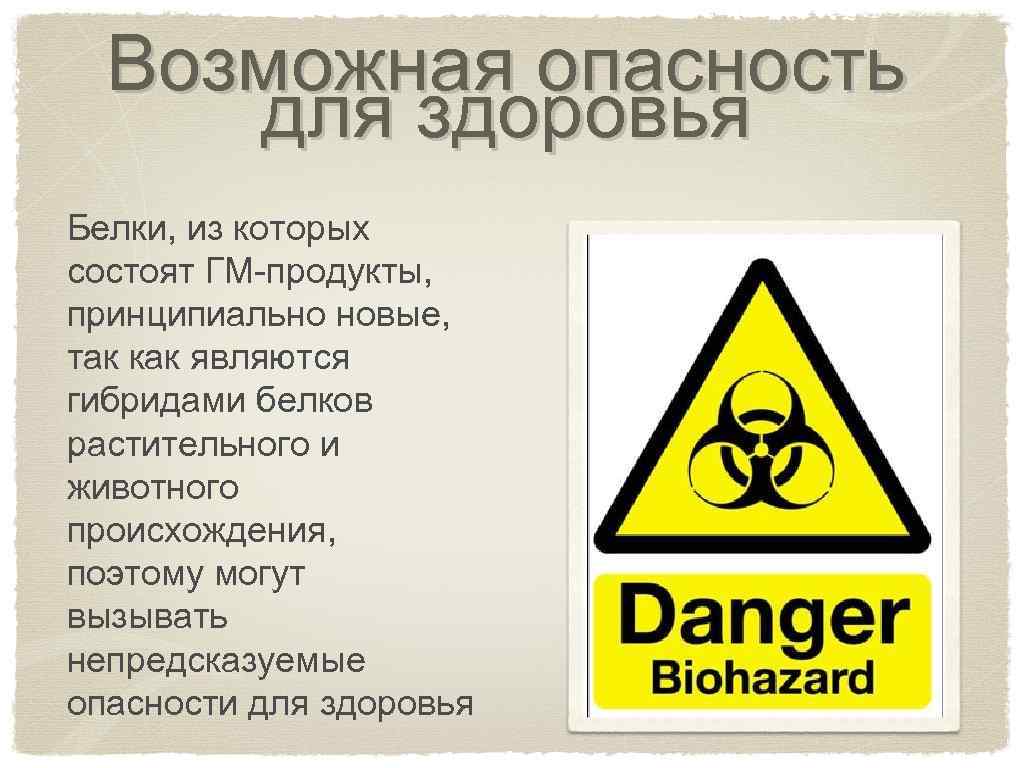 Возможная опасность для здоровья Белки, из которых состоят ГМ-продукты, принципиально новые, так как являются