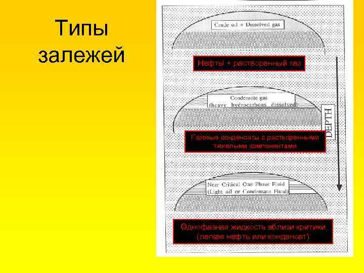 Типы залежей Нефтьl + растворенный газ Газовые конденсаты с растворенными тяжелыми компонентами Однофазная жидкость