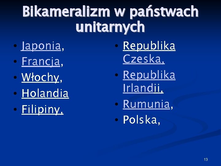 Bikameralizm w państwach unitarnych • • • Japonia, Francja, Włochy, Holandia Filipiny, • Republika