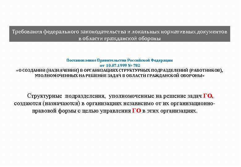 Требования федерального законодательства и локальных нормативных документов в области гражданской обороны Постановление Правительства Российской