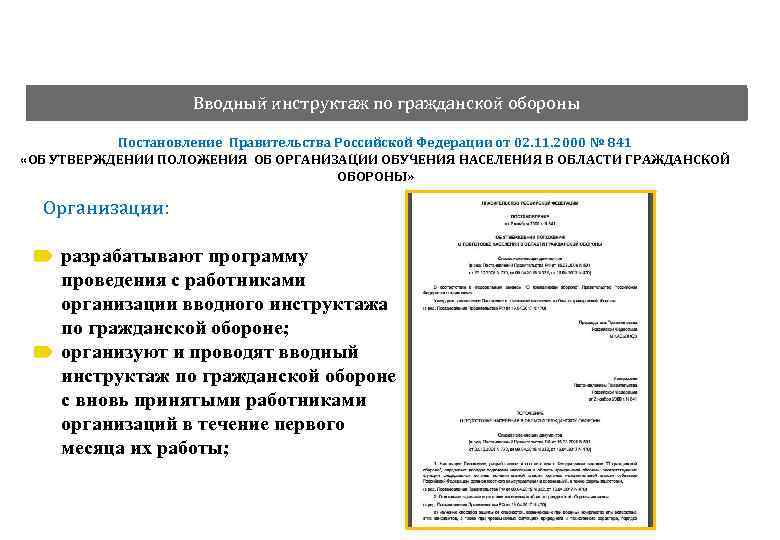 Вводный инструктаж по гражданской обороны Требования федерального законодательства в области гражданской обороны Постановление Правительства