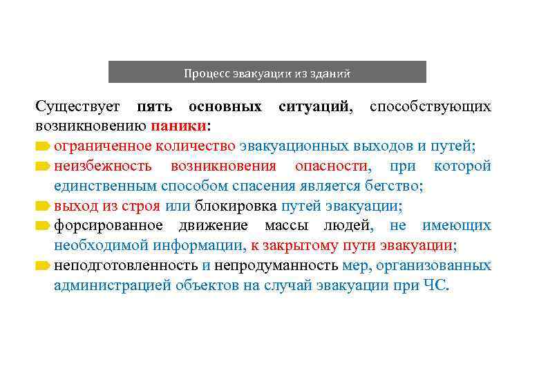 Процесс эвакуации из зданий Существует пять основных ситуаций, способствующих возникновению паники: ограниченное количество эвакуационных