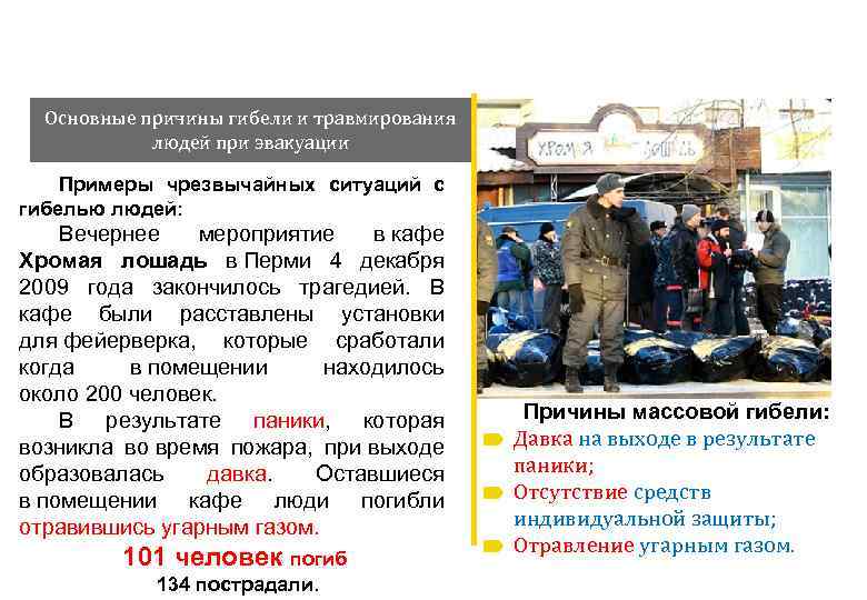 Основные причины гибели и травмирования людей при эвакуации Примеры чрезвычайных ситуаций с гибелью людей: