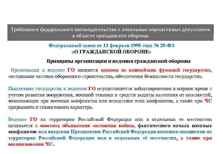 Требования федерального законодательства и локальных нормативных обороны Требования федерального законодательства в области гражданской документов