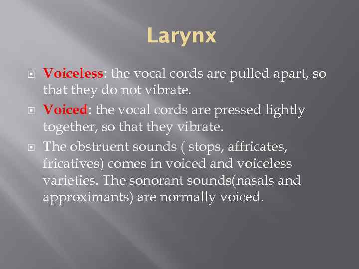 Larynx Voiceless: the vocal cords are pulled apart, so that they do not vibrate.