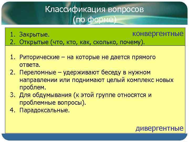 Классификация вопросов (по форме) конвергентные 1. Закрытые. 2. Открытые (что, как, сколько, почему). 1.