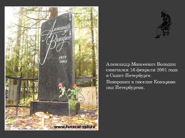 Александр Моисеевич Володин скончался 16 февраля 2001 года в Санкт Петербурге. Похоронен в поселке