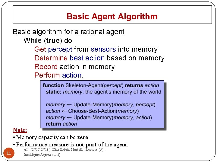 Basic Agent Algorithm Basic algorithm for a rational agent While (true) do Get percept