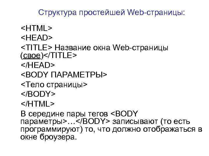 Структура простейшей Web-страницы: <HTML> <HEAD> <TITLE> Название окна Web-страницы (свое)</TITLE> </HEAD> <BODY ПАРАМЕТРЫ> <Тело