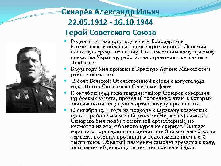 Скнарёв Александр Ильич 22. 05. 1912 - 16. 10. 1944 Герой Советского Союза Родился