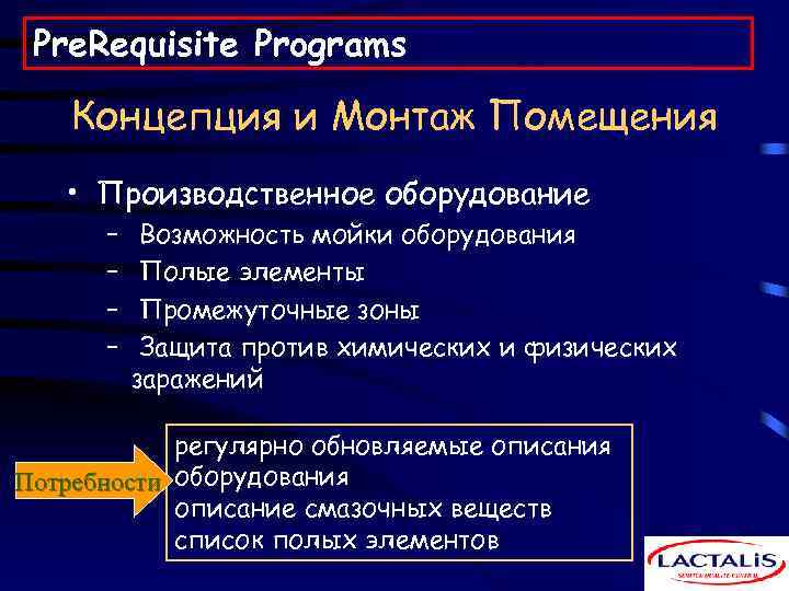 Pre. Requisite Programs Концепция и Монтаж Помещения • Производственное оборудование – – Возможность мойки