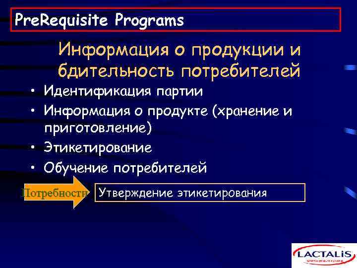 Pre. Requisite Programs Информация о продукции и бдительность потребителей • Идентификация партии • Информация