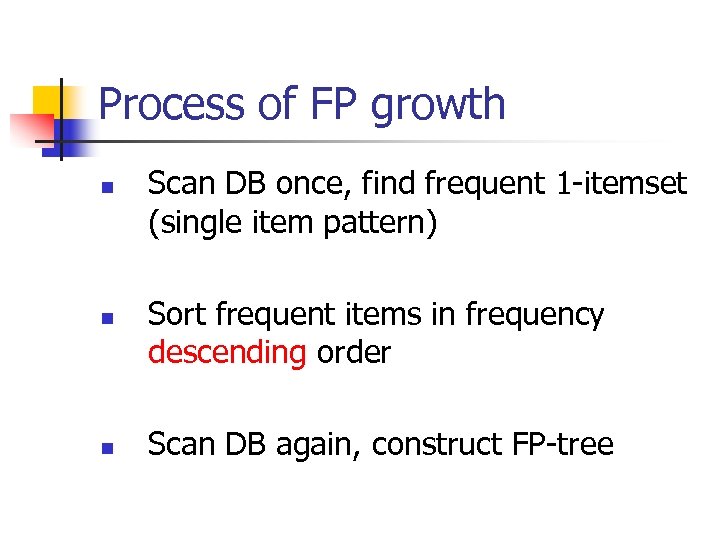 Process of FP growth n n n Scan DB once, find frequent 1 -itemset