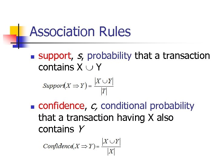 Association Rules n n support, s, probability that a transaction contains X Y confidence,