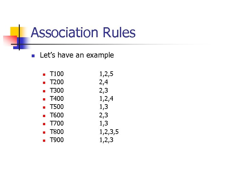 Association Rules n Let’s have an example n n n n n T 100