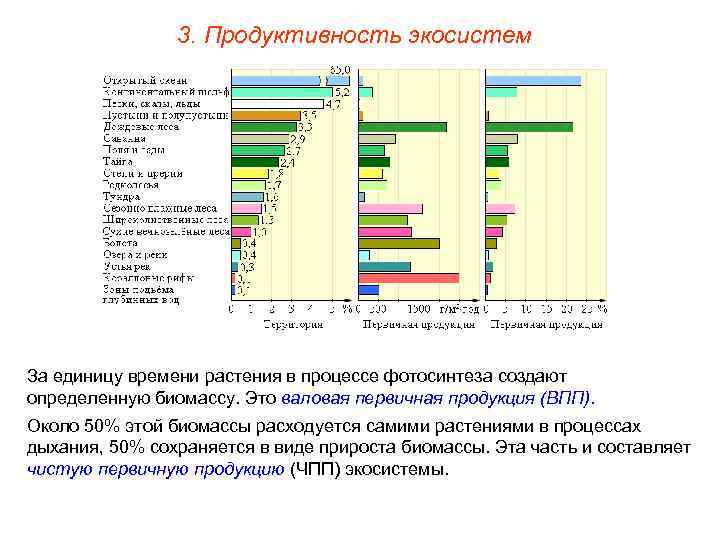 3. Продуктивность экосистем За единицу времени растения в процессе фотосинтеза создают определенную биомассу. Это