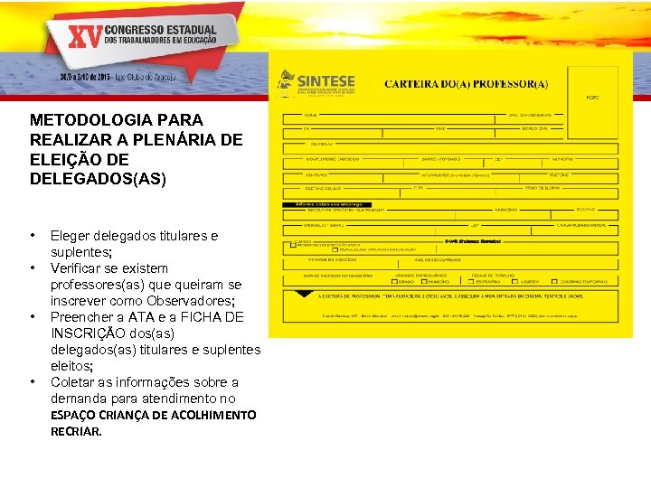 METODOLOGIA PARA REALIZAR A PLENÁRIA DE ELEIÇÃO DE DELEGADOS(AS) • • Eleger delegados titulares