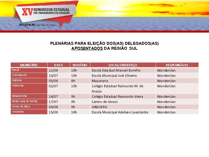 PLENÁRIAS PARA ELEIÇÃO DOS(AS) DELEGADOS(AS) APOSENTADOS DA REGIÃO SUL MUNICÍPIO Arauá Cristinápolis Estância Indiaroba