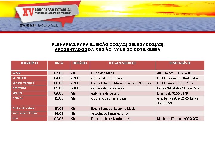 PLENÁRIAS PARA ELEIÇÃO DOS(AS) DELEGADOS(AS) APOSENTADOS DA REGIÃO VALE DO COTINGUIBA MUNICÍPIO Capela Carmópolis