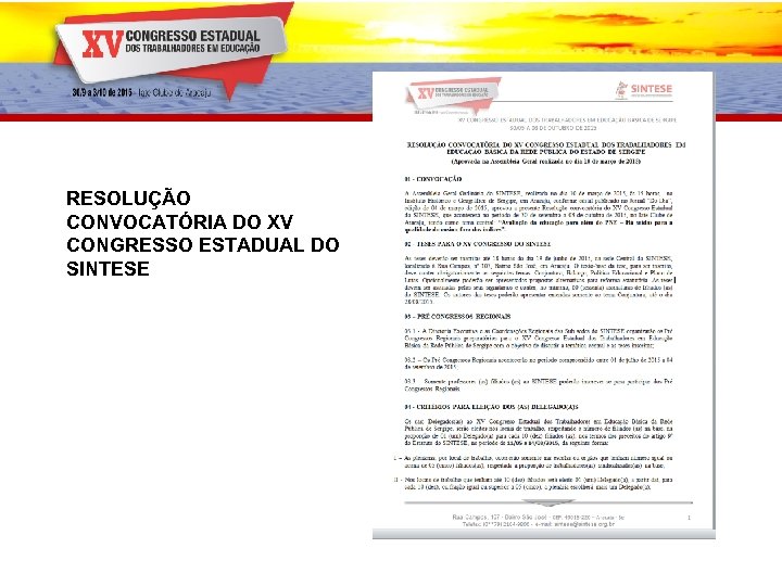 RESOLUÇÃO CONVOCATÓRIA DO XV CONGRESSO ESTADUAL DO SINTESE 