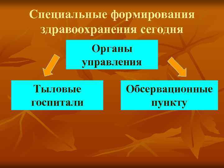 Специальные формирования здравоохранения сегодня Органы управления Тыловые госпитали Обсервационные пункту 