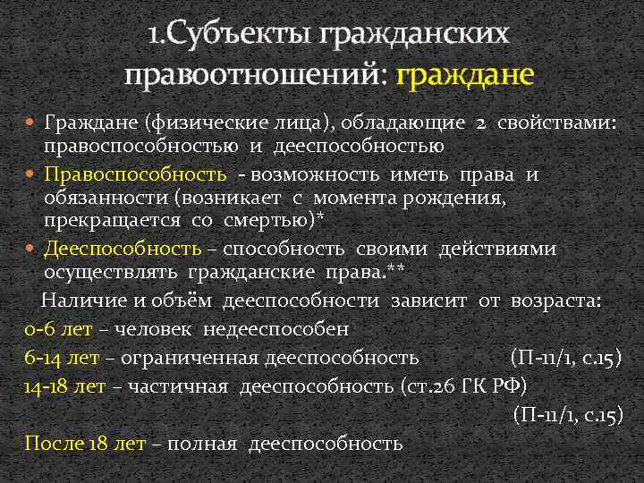 1. Субъекты гражданских правоотношений: граждане Граждане (физические лица), обладающие 2 свойствами: правоспособностью и дееспособностью