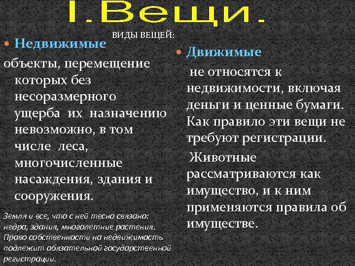  Недвижимые ВИДЫ ВЕЩЕЙ: объекты, перемещение которых без несоразмерного ущерба их назначению невозможно, в