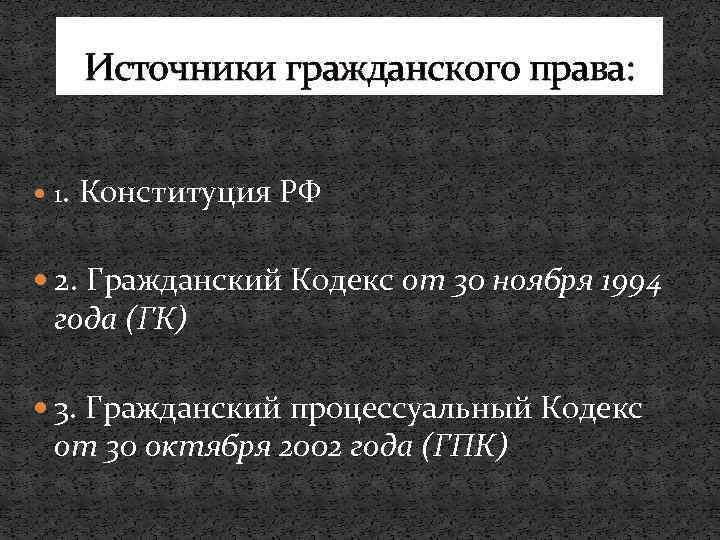 Источники гражданского права: 1. Конституция РФ 2. Гражданский Кодекс от 30 ноября 1994 года