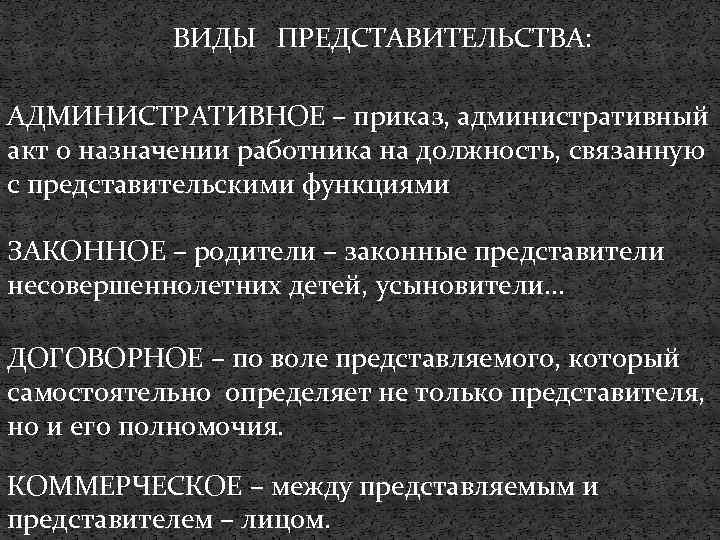 ВИДЫ ПРЕДСТАВИТЕЛЬСТВА: АДМИНИСТРАТИВНОЕ – приказ, административный акт о назначении работника на должность, связанную с