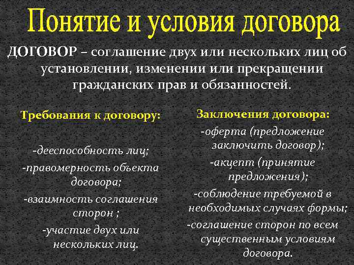ДОГОВОР – соглашение двух или нескольких лиц об установлении, изменении или прекращении гражданских прав