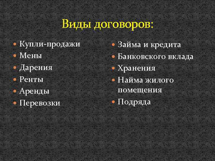 Виды договоров: Купли-продажи Займа и кредита Мены Банковского вклада Дарения Хранения Ренты Найма жилого