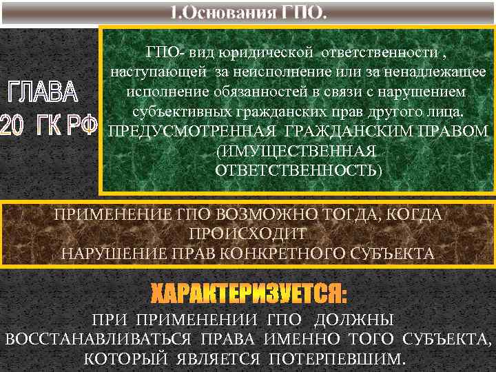 1. Основания ГПО- вид юридической ответственности , наступающей за неисполнение или за ненадлежащее исполнение