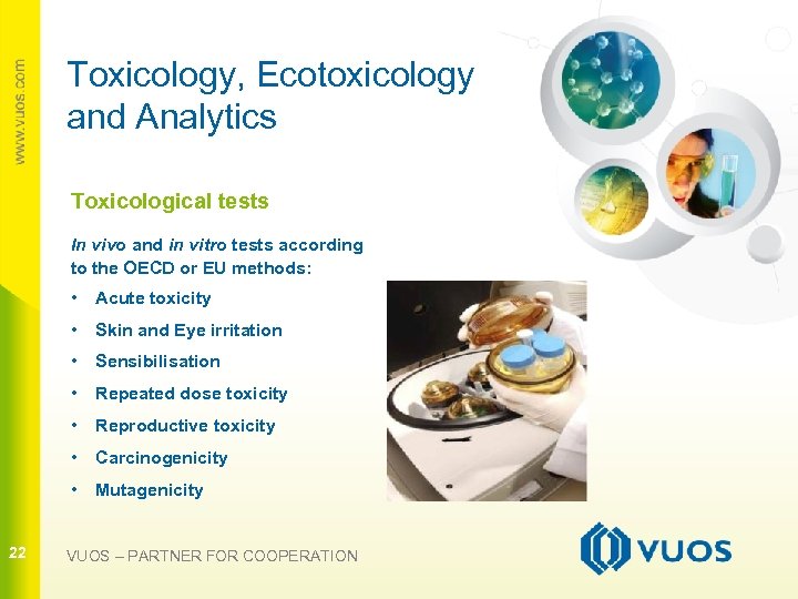 Toxicology, Ecotoxicology and Analytics Toxicological tests In vivo and in vitro tests according to