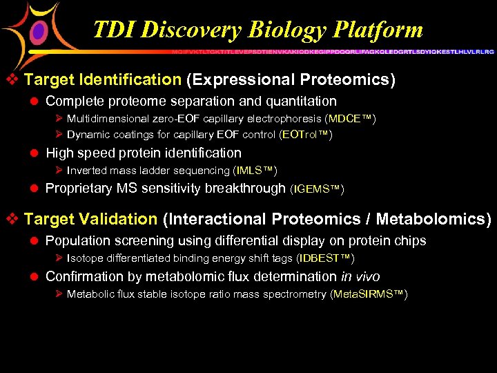 TDI Discovery Biology Platform v Target Identification (Expressional Proteomics) l Complete proteome separation and