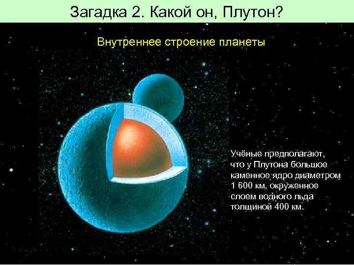 Загадка 2. Какой он, Плутон? Внутреннее строение планеты Учёные предполагают, что у Плутона большое