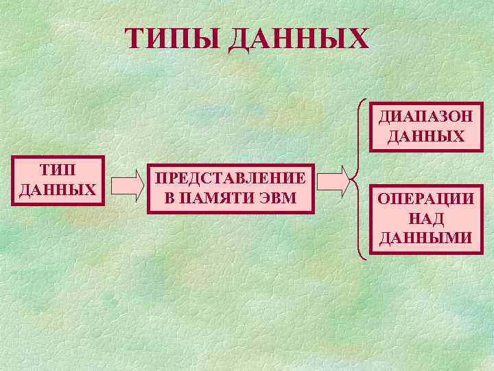 ТИПЫ ДАННЫХ ДИАПАЗОН ДАННЫХ ТИП ДАННЫХ ПРЕДСТАВЛЕНИЕ В ПАМЯТИ ЭВМ ОПЕРАЦИИ НАД ДАННЫМИ 