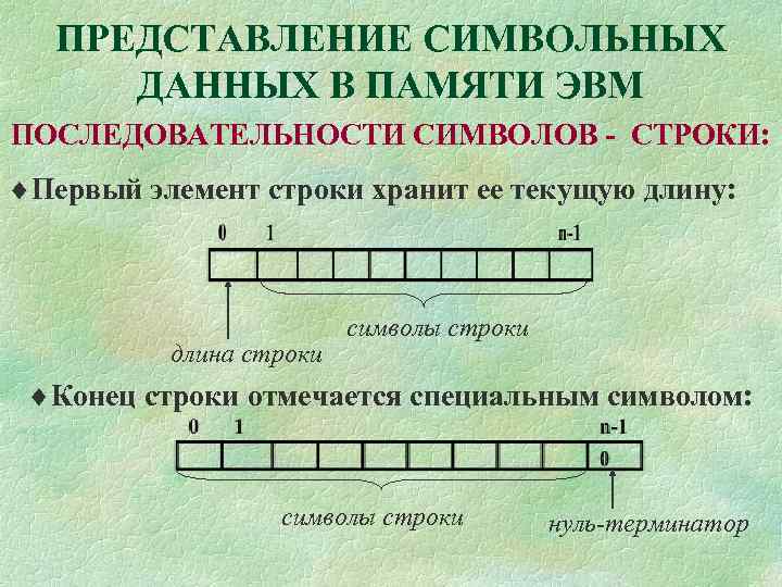 ПРЕДСТАВЛЕНИЕ СИМВОЛЬНЫХ ДАННЫХ В ПАМЯТИ ЭВМ ПОСЛЕДОВАТЕЛЬНОСТИ СИМВОЛОВ - СТРОКИ: ¨Первый элемент строки хранит