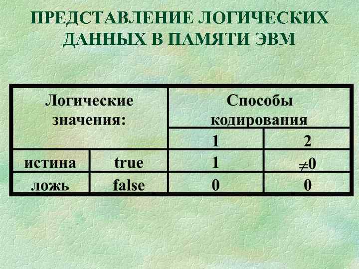 ПРЕДСТАВЛЕНИЕ ЛОГИЧЕСКИХ ДАННЫХ В ПАМЯТИ ЭВМ 