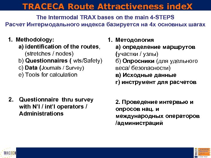 TRACECA Route Attractiveness inde. X The Intermodal TRAX bases on the main 4 -STEPS