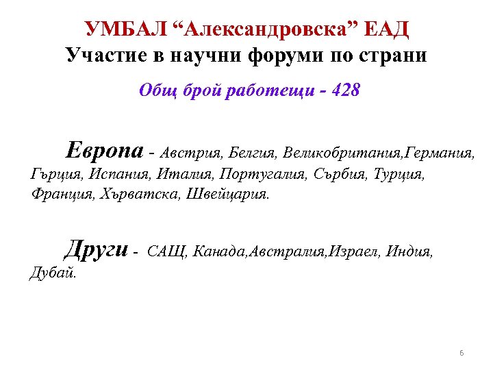 УМБАЛ “Александровска” ЕАД Участие в научни форуми по страни Общ брой работещи - 428