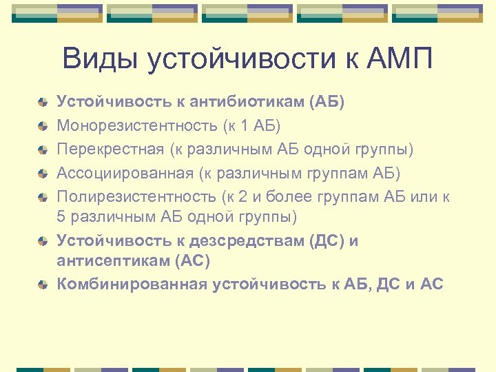 Виды устойчивости к АМП Устойчивость к антибиотикам (АБ) Монорезистентность (к 1 АБ) Перекрестная (к